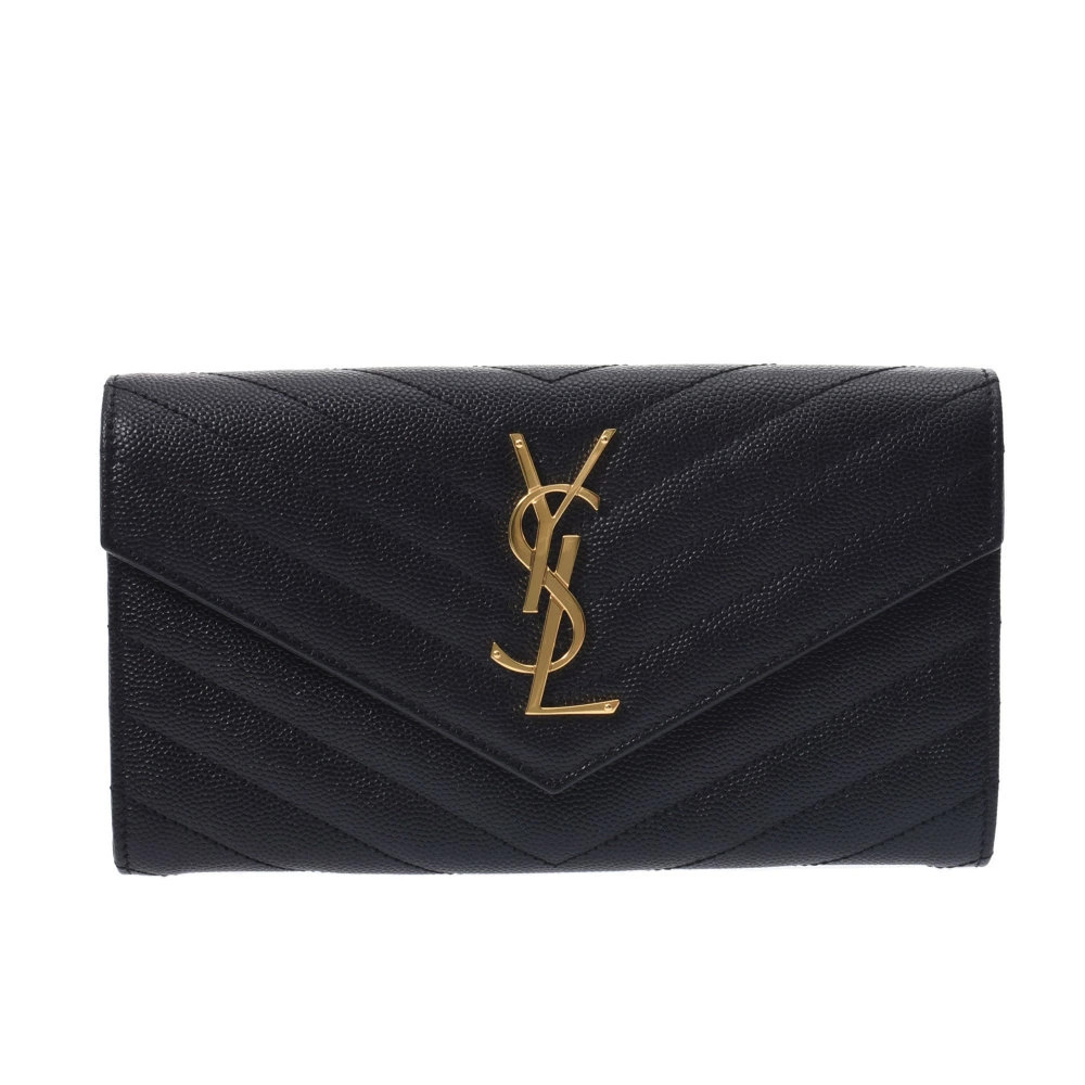 SAINT LAURENT Flap Wallet Black Calfskin Long
